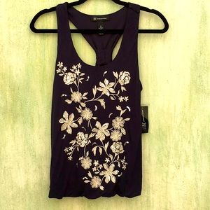 INC Navy Blue Tank Silver Metallic Flowers w Sequins
